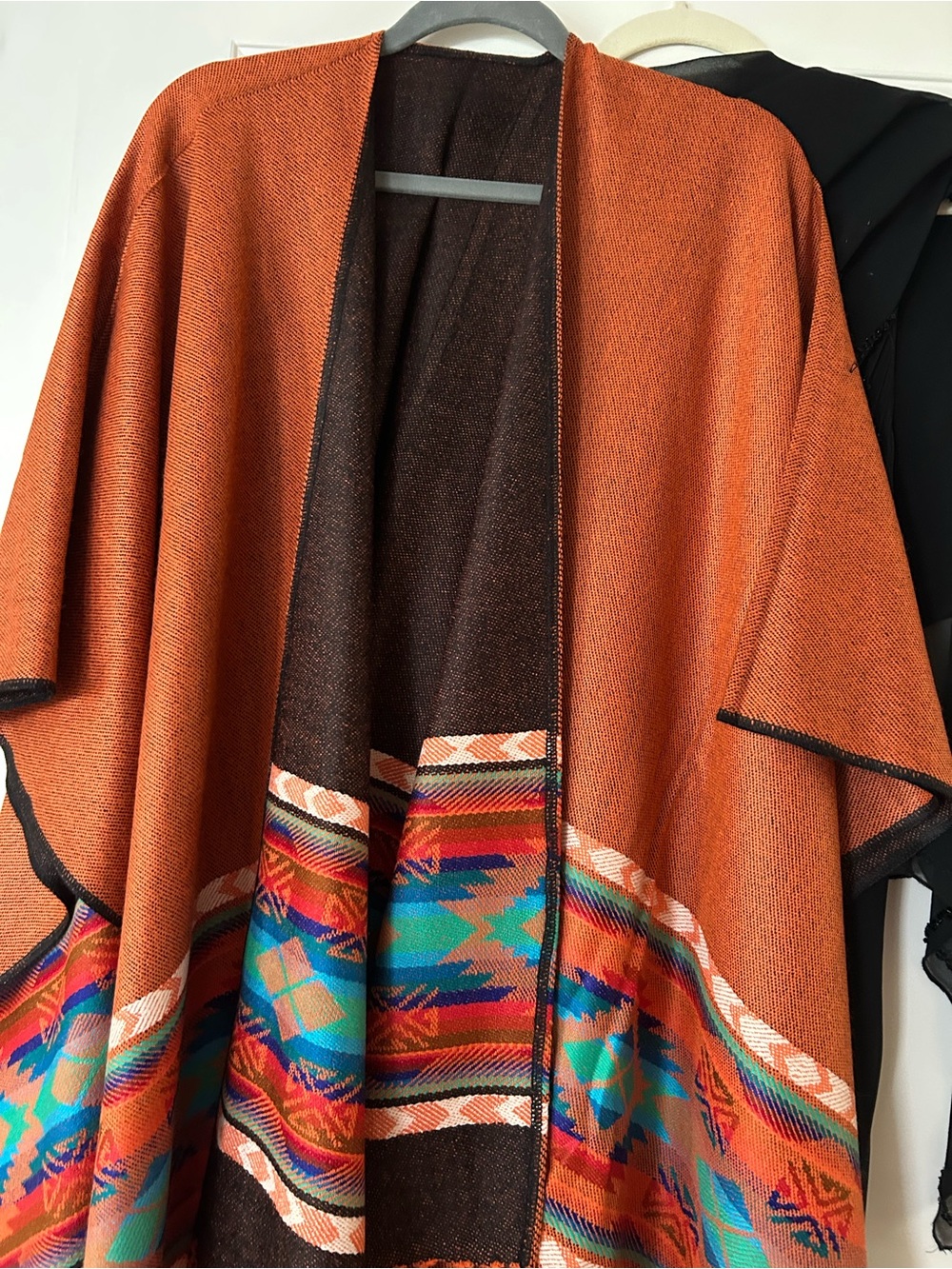 Rust Orange Fringe Poncho with Southwestern Stripe no tags Reversable